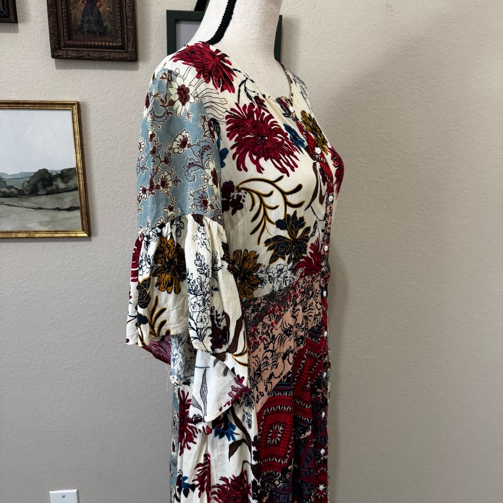 UMGEE | Floral Patchwork Button Front Handkerchief Midi Dress Boho Size Small - Picture 6 of 16